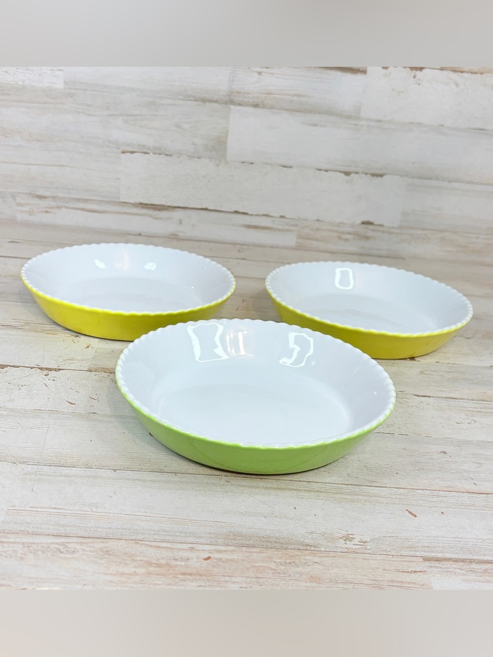 Lot Of 3 Vintage Valentina Yellow Green Scalloped Edge Stoneware Baking Dish